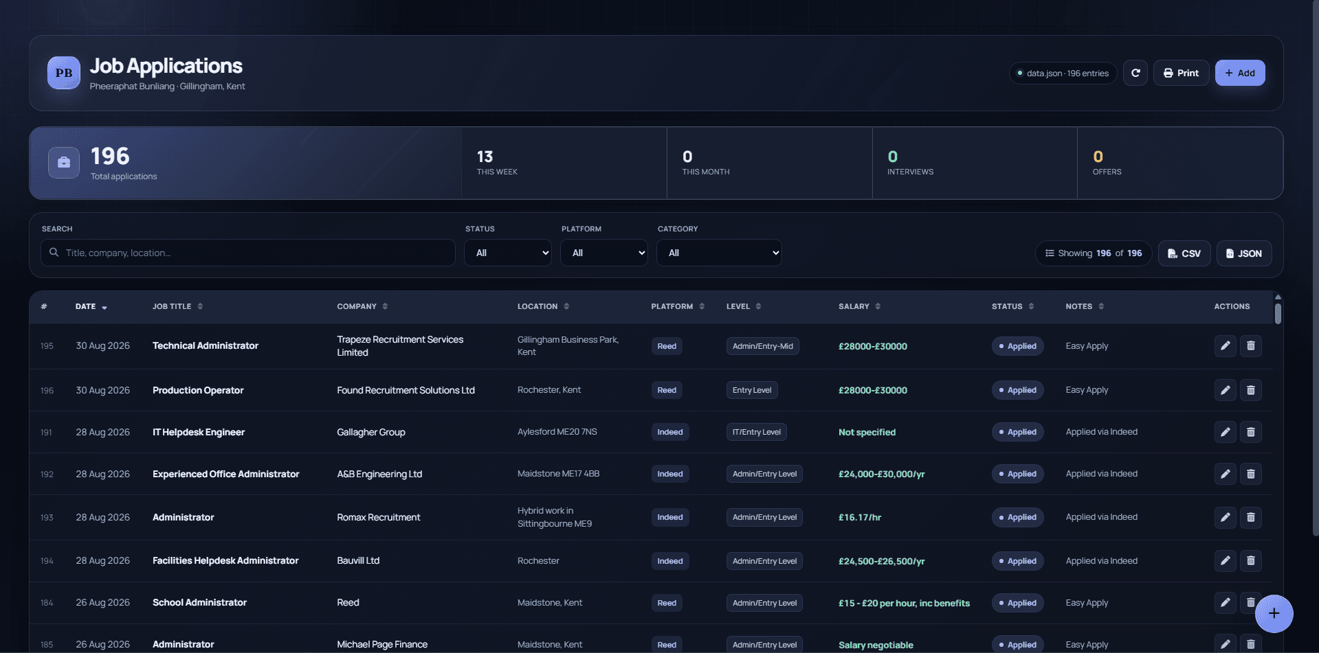 Screenshot of Job Tracker